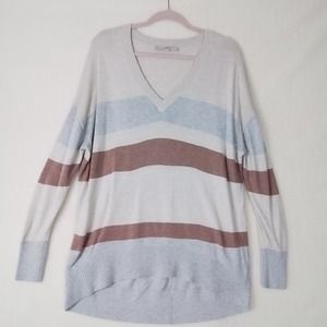 LOFT Oversized Ribbed V Neck Sweater Size Medium Blue, Beige, Brown‎ Stripes